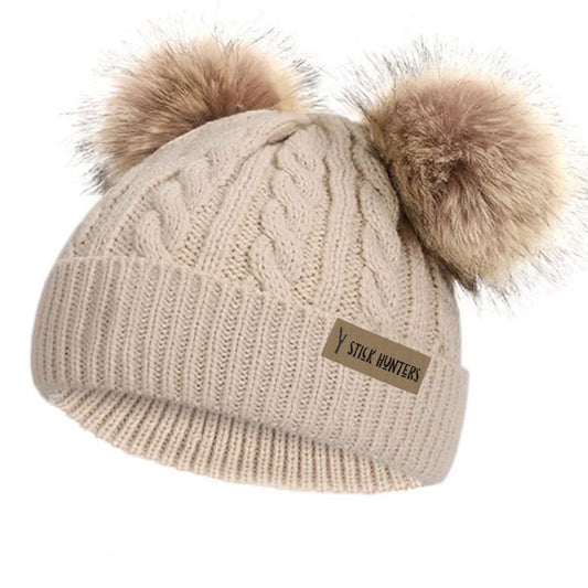 DOUBLE POMPOM WINTER BEANIE - BEIGE - AVAILABLE IN 3 SIZES