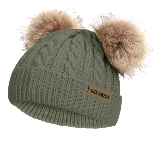 DOUBLE POMPOM WINTER BEANIE - MILITARY GREEN - AVAILABLE IN 3 SIZES